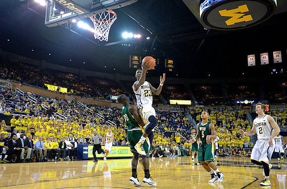 Max Bielfeldt (44), Caris LeVert (23), and Spike Albrecht (2)