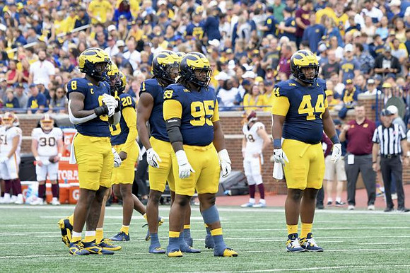 Derrick Moore (8), Jyaire Hill (20), Jaishawn Barham (1), Trey Pierce (95), and Damon Payne (44)