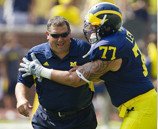 Brady Hoke and Taylor Lewan (77)