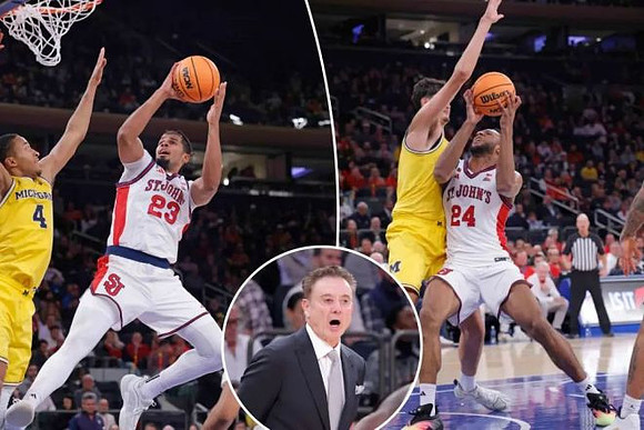 Nimari Burnett (4), St. John's Head Coach Rich Pitino, and Aday Mara (15)