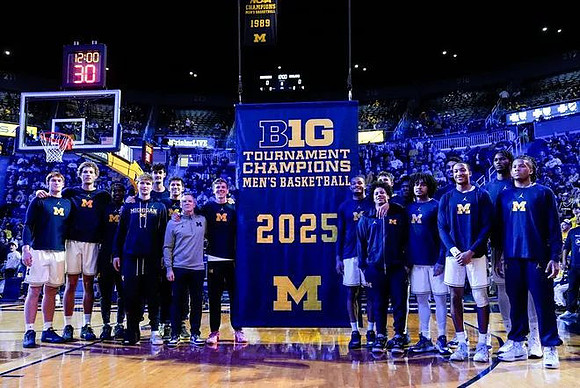 Dusty May, Michigan Team, and 2025 Big Ten Tournament Championship Banner