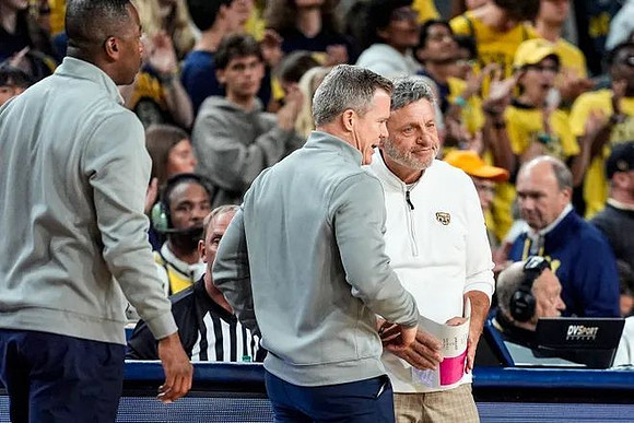 Dusty May and Oakland Head Coach Greg Kampe
