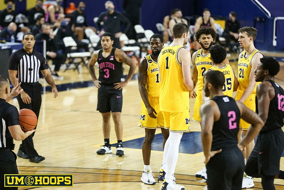 Chaundee Brown Jr. (15), Hunter Dickinson (1), Isaiah Livers (2), Eli Brooks (55), and Franz Wagner (21)