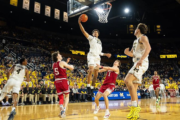 Nimari Burnett (4), Yaxel Lendeborg (23), and Will Tschetter (42)