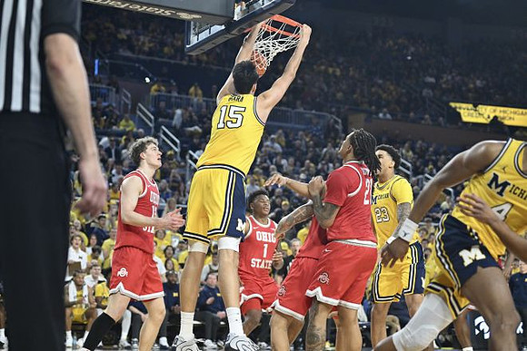 Aday Mara (15), Yaxel Lendeborg (23), and Nimari Burnett (4)