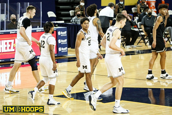 Austin Davis (51), Mike Smith (12), Eli Brooks (55), Isaiah Livers (2), and Franz Wagner (21)