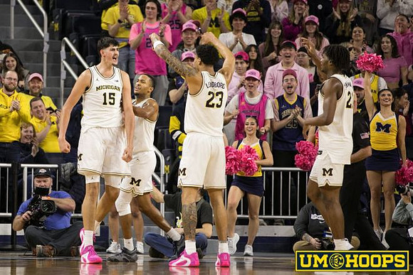 Aday Mara (15), Nimari Burnett (4), Yaxel Lendeborg (23), and Morez Johnson Jr. (21)