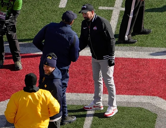 Sherrone Moore and Ohio State Head Coach Ryan Day