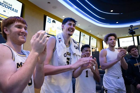 Oscar Goodman (5), Aday Mara (15), Trey McKenney (1), and Malick Kordel (32)