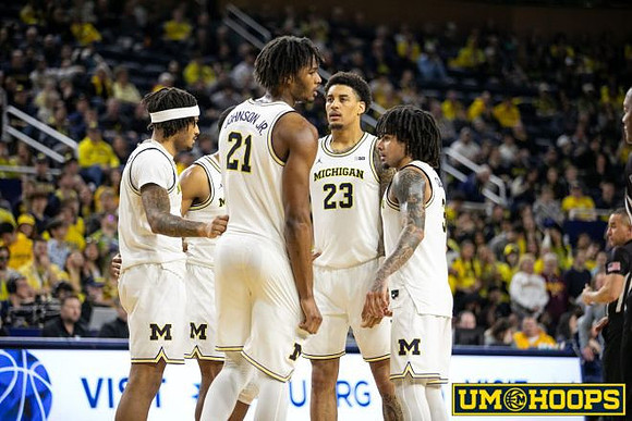 Roddy Gayle Jr. (11), Morez Johnson Jr. (21), Yaxel Lendeborg (23), Elliot Cadeau (3), and Nimari Burnett (4)