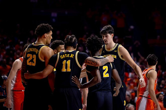 Yaxel Lendeborg (23), Trey McKenney (1), Roddy Gayle Jr. (11), L.J. Cason (2), and Aday Mara (15)