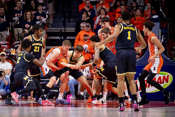 L.J. Cason (2), Morez Johnson Jr. (21), Yaxel Lendeborg (23), Will Tschetter (42), and Trey McKenney (1)