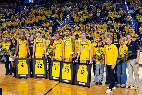 Nimari Burnett (4), Will Tschetter (42), Roddy Gayle Jr. (11), Yaxel Lendeborg (23), Charlie May (12), and Dusty May