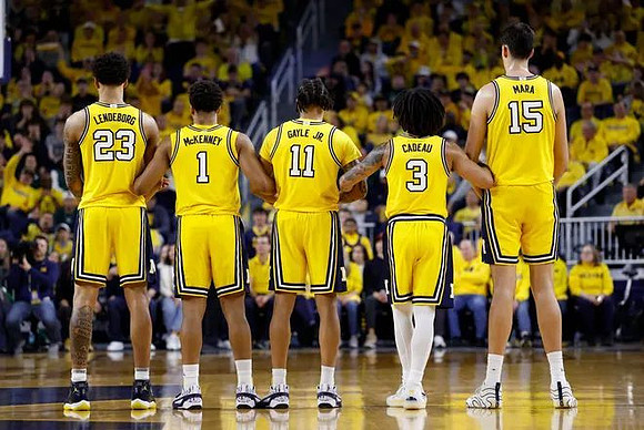 Yaxel Lendeborg (23), Trey McKenney (1), Roddy Gayle Jr. (11), Elliot Cadeau (3), and Aday Mara (15)