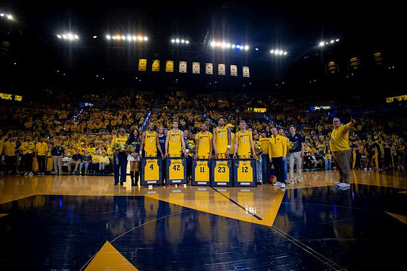Nimari Burnett (4), Will Tschetter (42), Roddy Gayle Jr. (11), Yaxel Lendeborg (23), Charlie May (12), and Dusty May