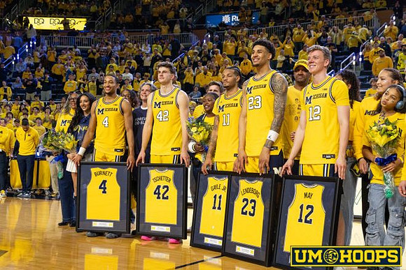 Nimari Burnett (4), Will Tschetter (42), Roddy Gayle Jr. (11), Yaxel Lendeborg (23), and Charlie May (12)