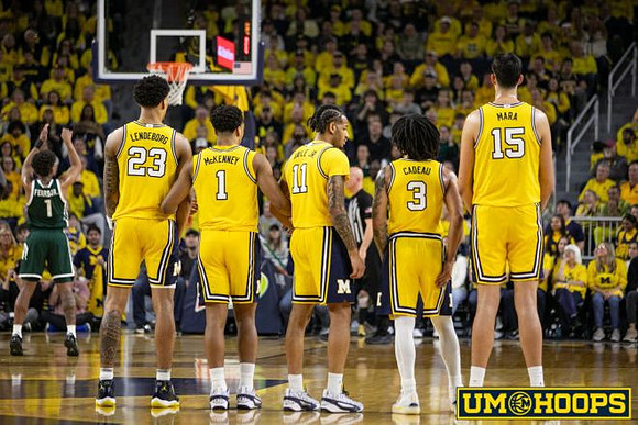 Yaxel Lendeborg (23), Trey McKenney (1), Roddy Gayle Jr. (11), Elliot Cadeau (3), and Aday Mara (15)