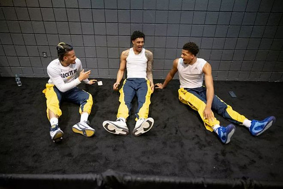 Roddy Gayle Jr. (11), Yaxel Lendeborg (23), and Trey McKenney (1)
