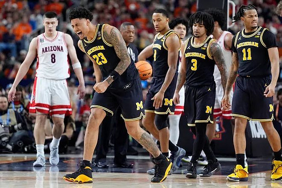 Yaxel Lendeborg (23), Nimari Burnett (4), Elliot Cadeau (3), and Roddy Gayle Jr. (11)