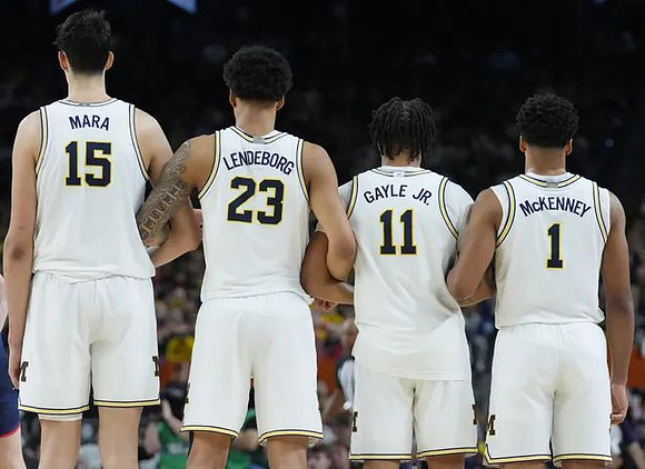Aday Mara (15), Yaxel Lendeborg (23), Roddy Gayle Jr. (11), and Trey McKenney (1)