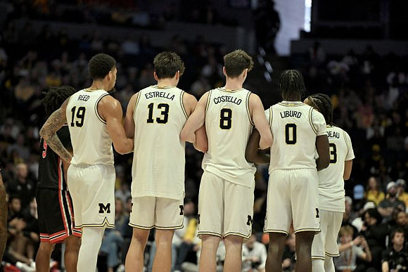 Jalen Reed (19), J.P. Estrella (13), Quinn Costello (8), Ricky Liburd (0), and Elliot Cadeau (3)