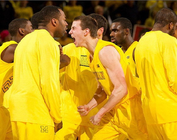 Caris LeVert (23), Eso Akunne (5), Nik Stauskas (11), and Tim Hardaway Jr. (10)