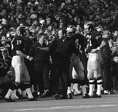 1969 Season-Ohio State: Reggie McKenzie (65), John Gabler (18), Bo Schembechler, Don Moorhead (27), and Brian Healy (24)