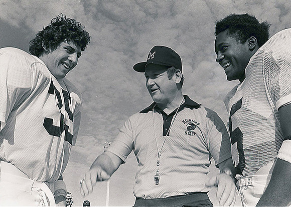 1975 Season-Oklahoma: Don Dufek (35), Bo Schembechler, and Gordon Bell (5)