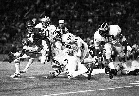 1975 Season-Oklahoma: Michael Holmes (40), David Devich (55), and Greg Morton (77)