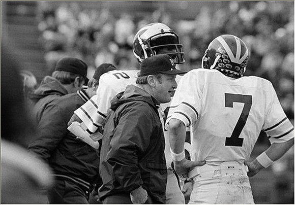 1977 Season-Minnesota: Bo Schembechler, Rick Leach (7), and Ralph Clayton (22)