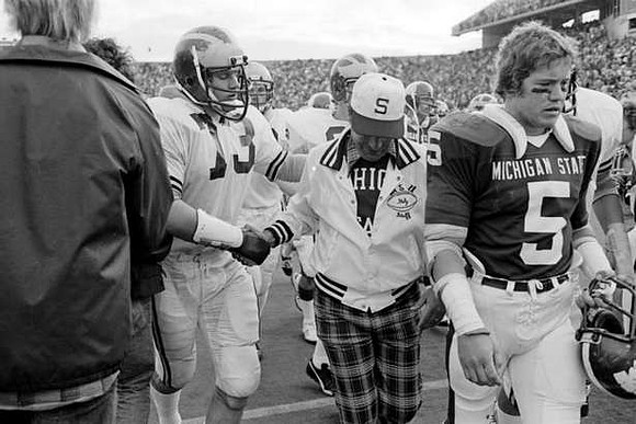 1975 Season-Michigan State: Bill Dufek (73) and Michigan State Head Coach Dennis Stolz