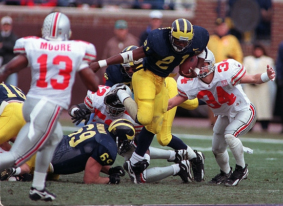 1995 Season-Ohio State: Tshimanga Biakabutuka (21), Jon Runyan Sr. (69), and Jay Riemersma (16)