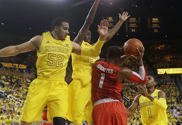 Jordan Morgan (52), Caris LeVert (23), and Glenn Robinson III (1)