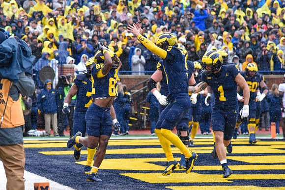 Donovan Edwards (7), Semaj Morgan (82), Karsen Barnhart (52), J.J. McCarthy (9), Roman Wilson (1), and Drake Nugent (60)