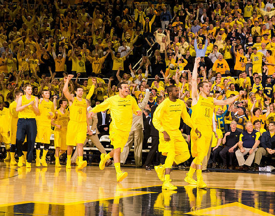 Nik Stauskas (11), Corey Person (32), Josh Bartelstein (20), Mitch McGary (4), Blake McLimans (22), Spike Albrecht (2), and Max Bielfeldt (44)