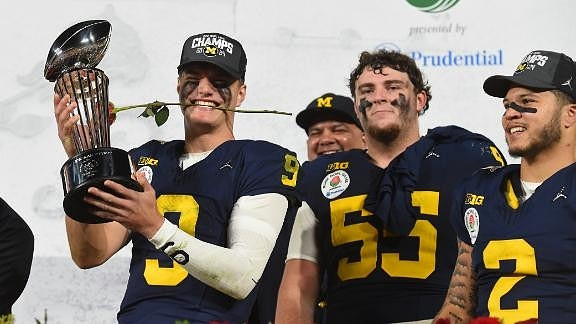 J.J. McCarthy (9), Warde Manuel, Mason Graham (55), and Will Johnson (2)