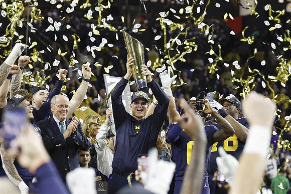Jim Harbaugh, Michigan Team, and National Championship Trophy