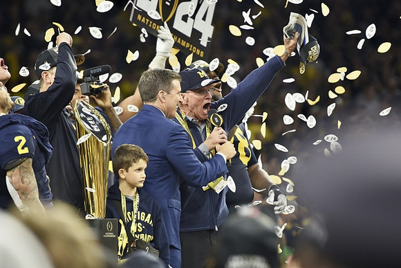 Jim Harbaugh, Jack Harbaugh, and National Championship Trophy