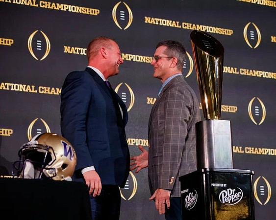 Washington Head Coach Kalen DeBoer, Jim Harbaugh, and National Championship Trophy