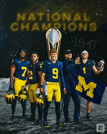 Donovan Edwards (7), Blake Corum (2), J.J. McCarthy (9), Jim Harbaugh, Roman Wilson (1), and National Championship Trophy
