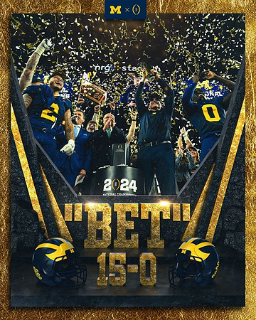 Blake Corum (2), J.J. McCarthy (9), Jim Harbaugh, Mike Sainristil (0), and National Championship Trophy