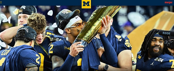 Trevor Keegan (77), Blake Corum (2), J.J. McCarthy (9), Will Johnson (2), Zak Zinter (65), Donovan Edwards (7), and National Championship Trophy