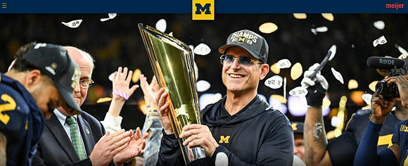 Blake Corum (2), Jim Harbaugh, and National Championship Trophy