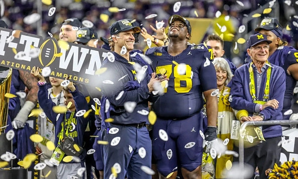 Zak Zinter (65), Jim Harbaugh, Kenneth Grant (78), Jack Harbaugh, and Kris Jenkins (94)