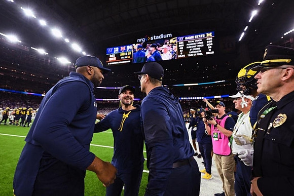 Sherrone Moore, Jesse Minter, and Jim Harbaugh