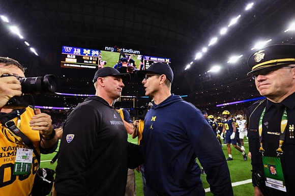 Washington Head Coach Kalen DeBoer and Jim Harbaugh