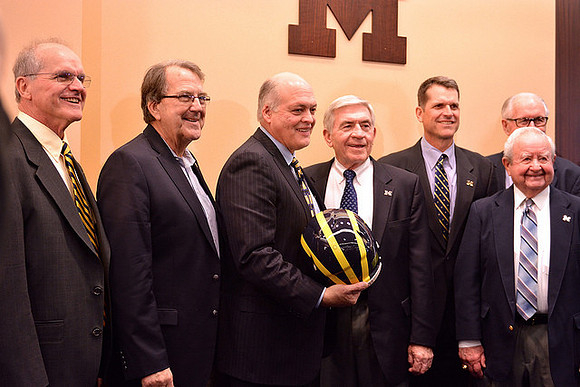 Jack Harbaugh, Lloyd Carr, Jim Hackett, Gary Moeller, Jim Harbaugh, and Jerry Hanlon