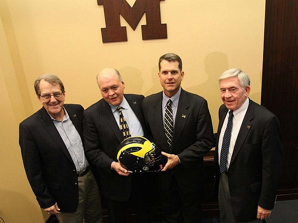 Lloyd Carr, Jim Hackett, Jim Harbaugh, and Gary Moeller