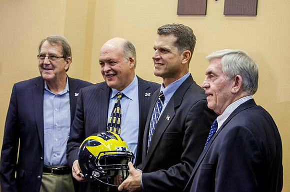 Lloyd Carr, Jim Hackett, Jim Harbaugh, and Gary Moeller