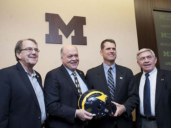 Lloyd Carr, Jim Hackett, Jim Harbaugh, and Gary Moeller